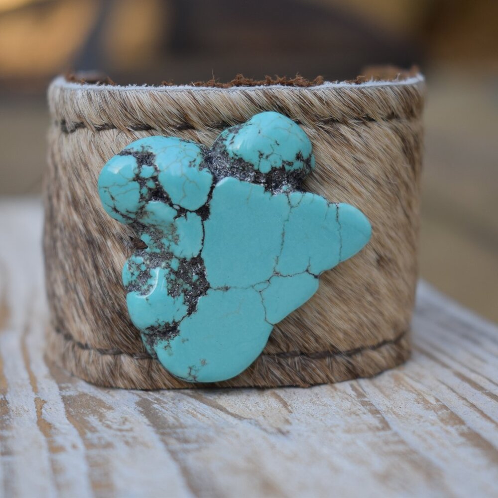 Hair on Hide Leather Cuff with Turquoise Slab